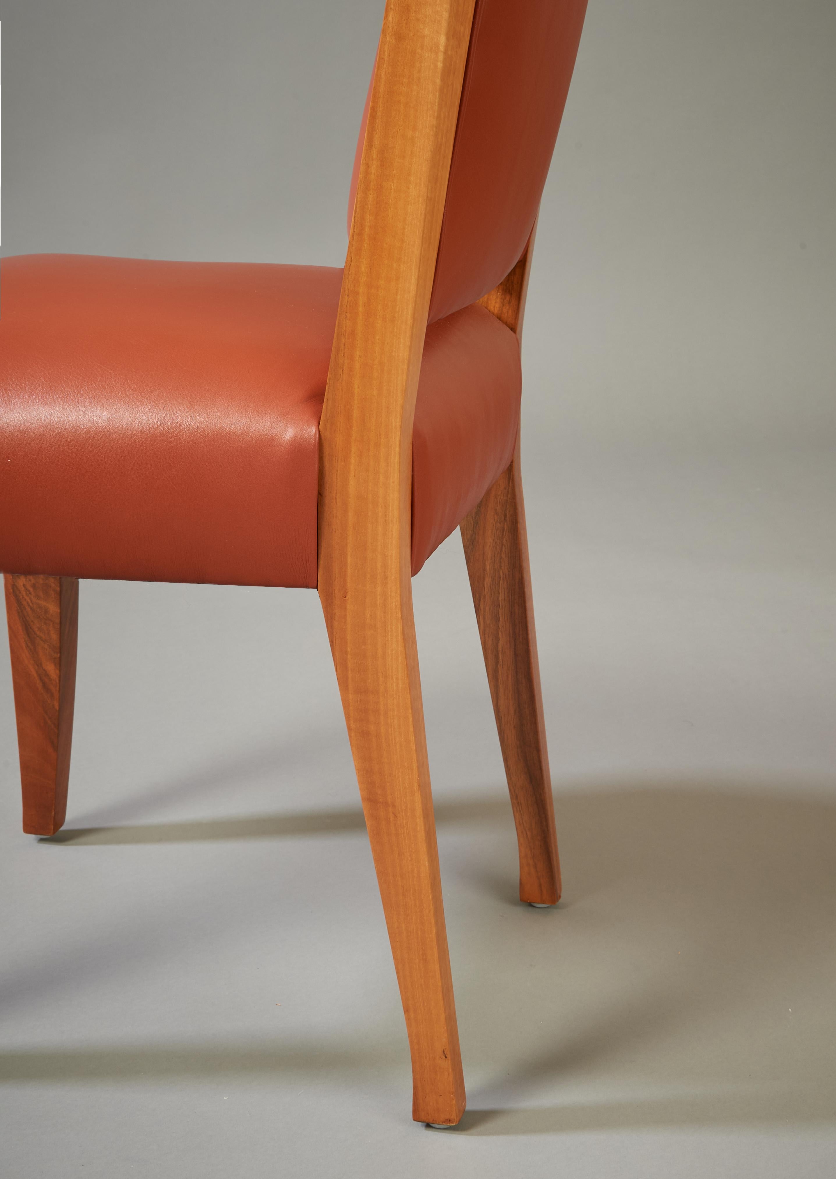 André Sornay: Important Set of Six Walnut & Leather Dining Chairs, France 1930s For Sale 9