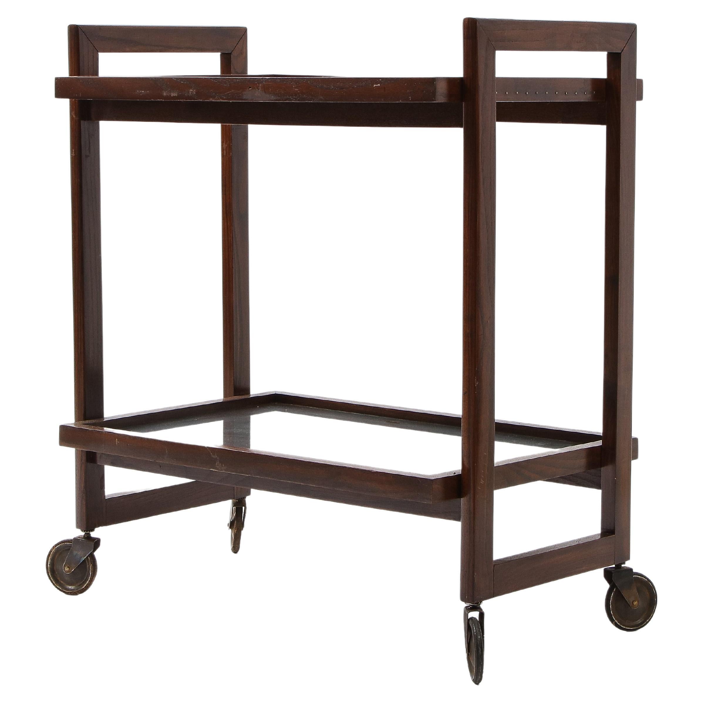 Andre Sornay Oregon Pine, Glass and Copper Bar Cart, France, 1950s