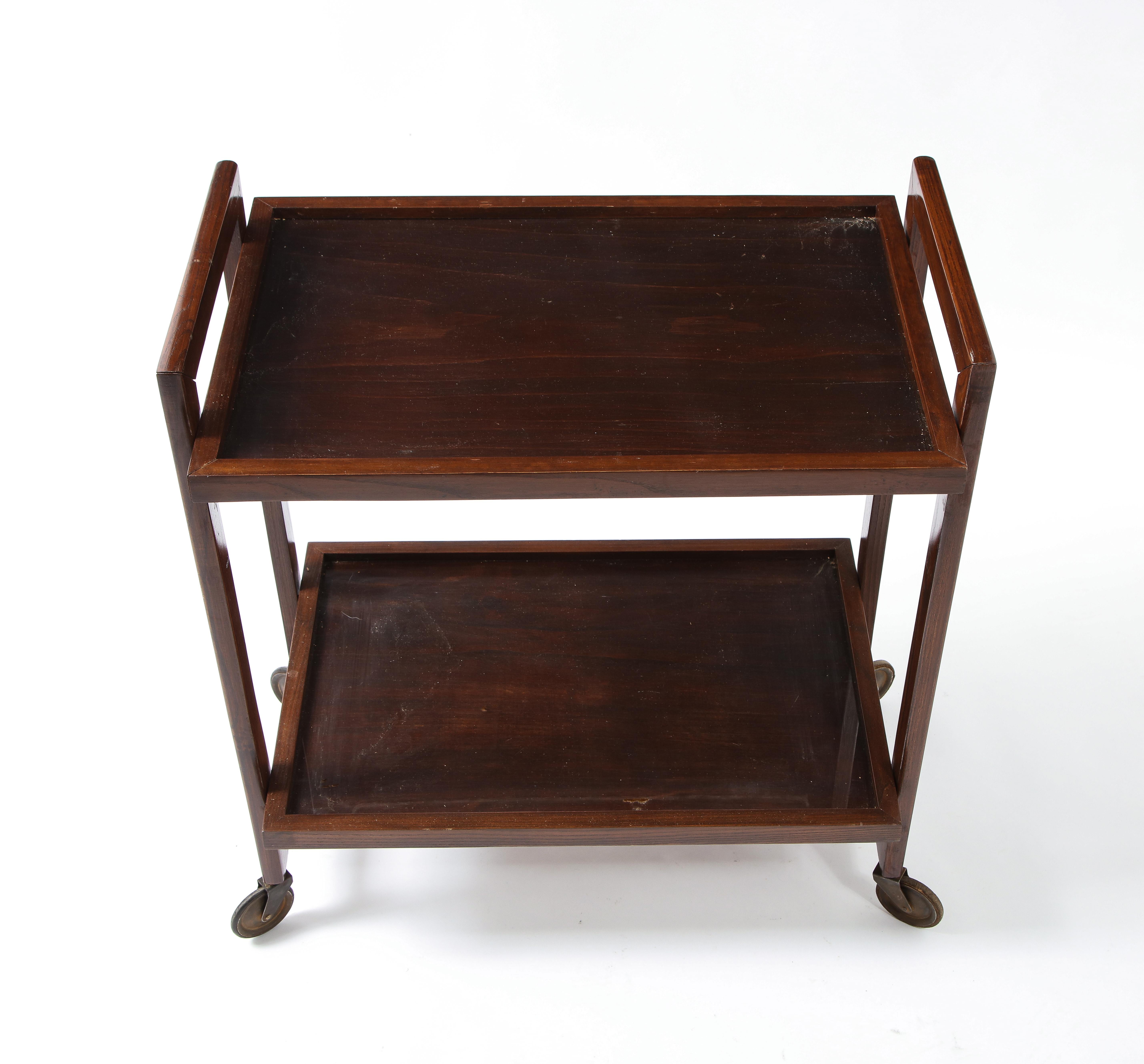 Andre Sornay Oregon Pine, Glass and Copper Bar Cart, France, 1950s In Good Condition For Sale In New York, NY