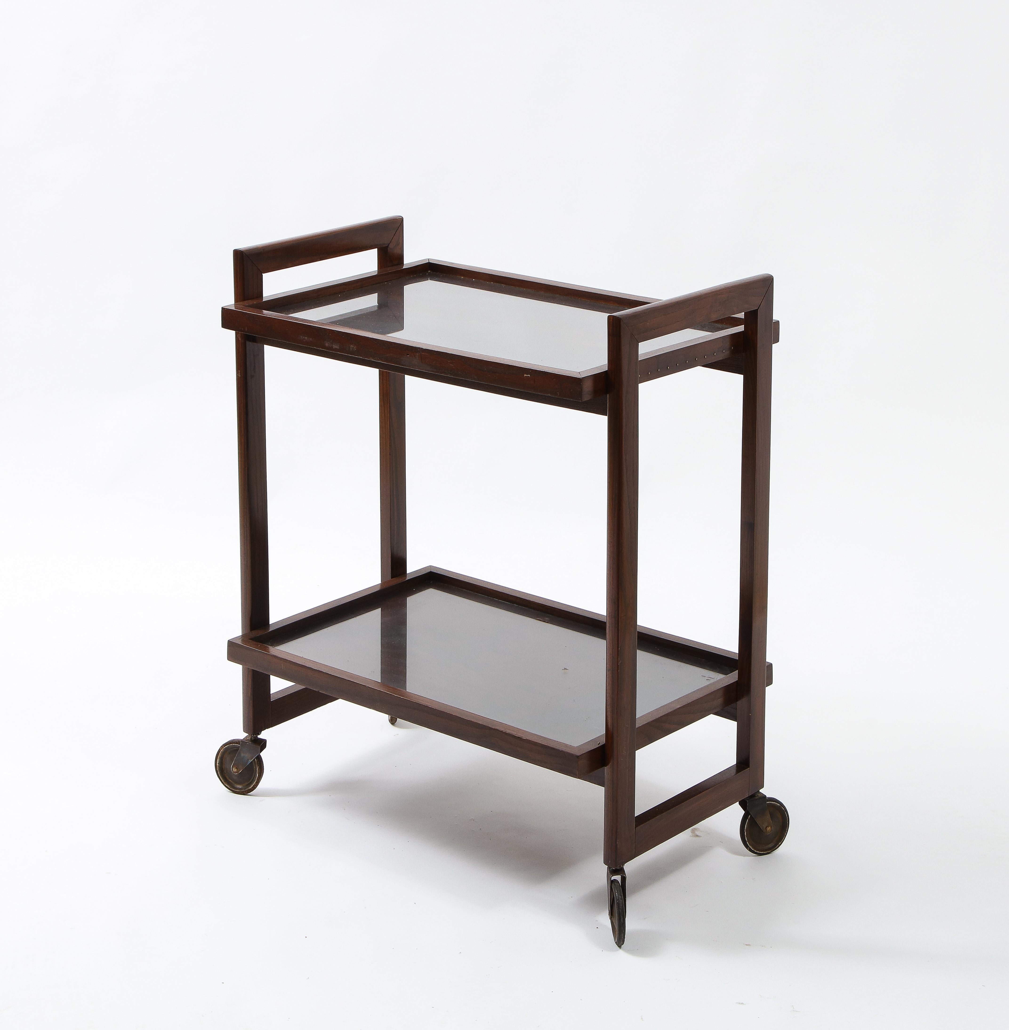 Andre Sornay Oregon Pine, Glass and Copper Bar Cart, France, 1950s For Sale 1