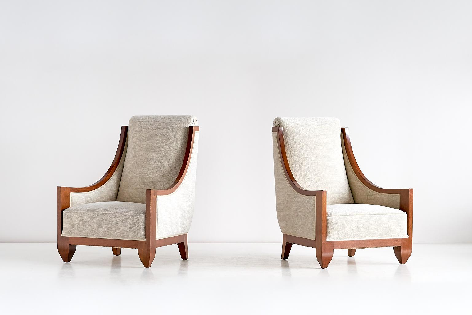 Polished André Sornay Pair of Art Deco Armchairs in Walnut, France, Late 1920s