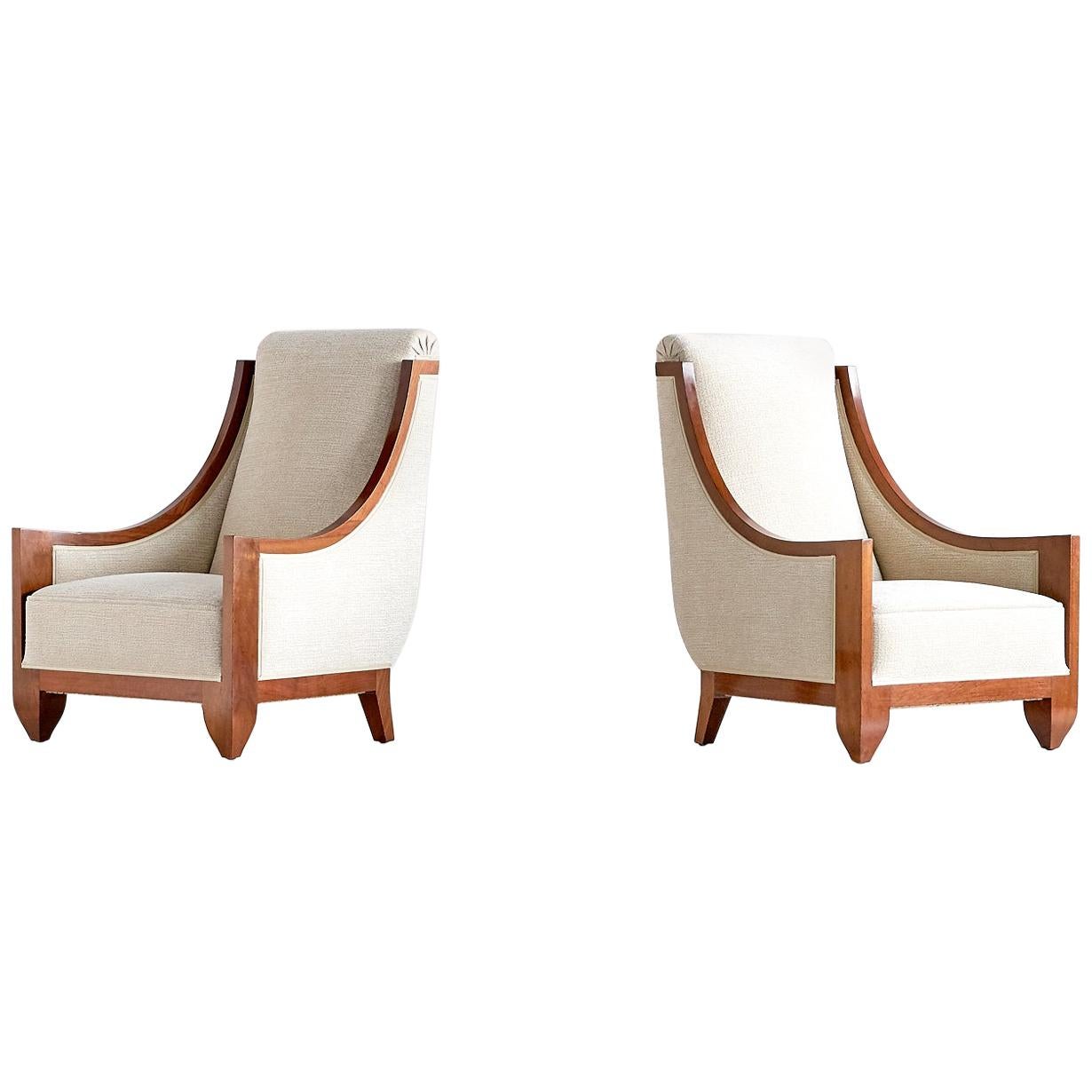 André Sornay Pair of Art Deco Armchairs in Walnut, France, Late 1920s