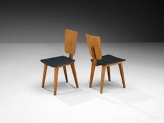 André Sornay Pair of Dining Chairs in Teak and Ash with Dark Grey Seats