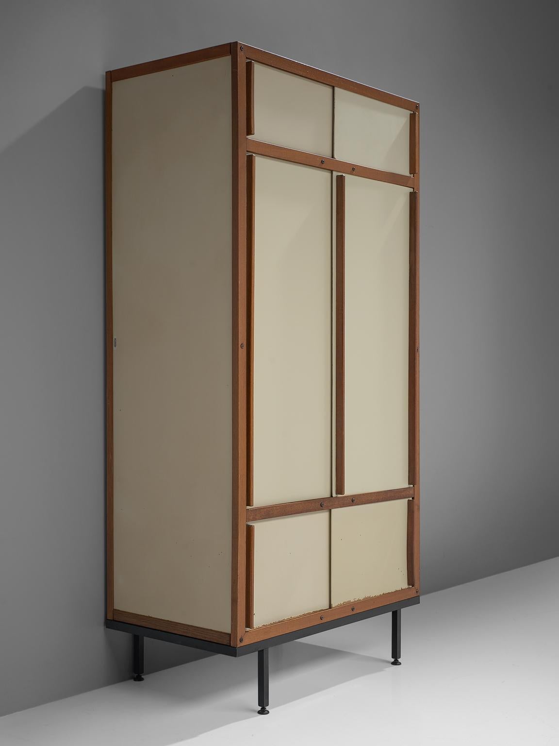 André Sornay for Atelier Sornay, pair of cabinets, honduras mahogany and metal, France, circa 1960.

French midcentury modernist armoires by the Avant grade creator Andre Sornay. The wooden front panels form a dynamic geometric abstraction in