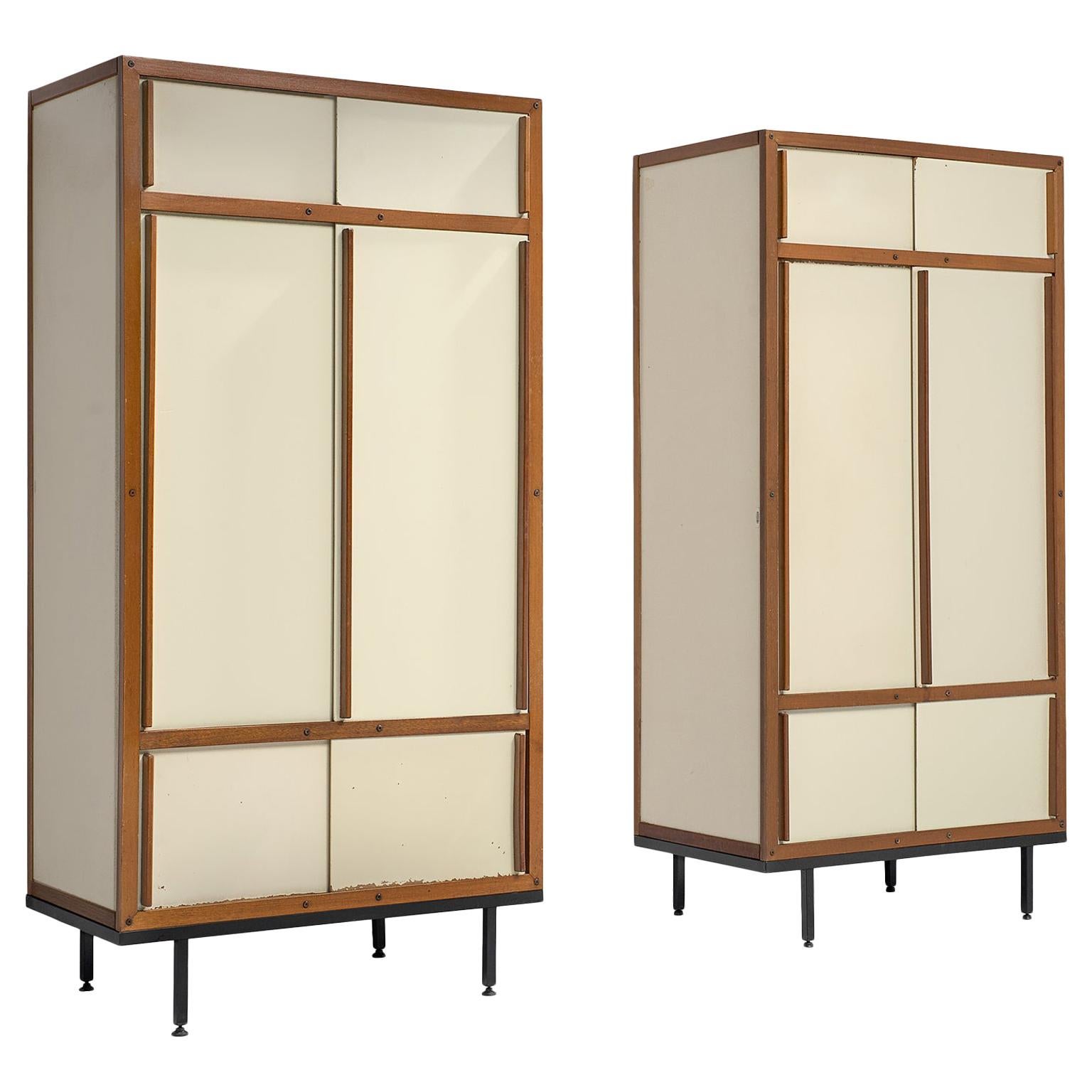 André Sornay Pair of Original Armoires in Cream and Mahogany with Sliding Doors