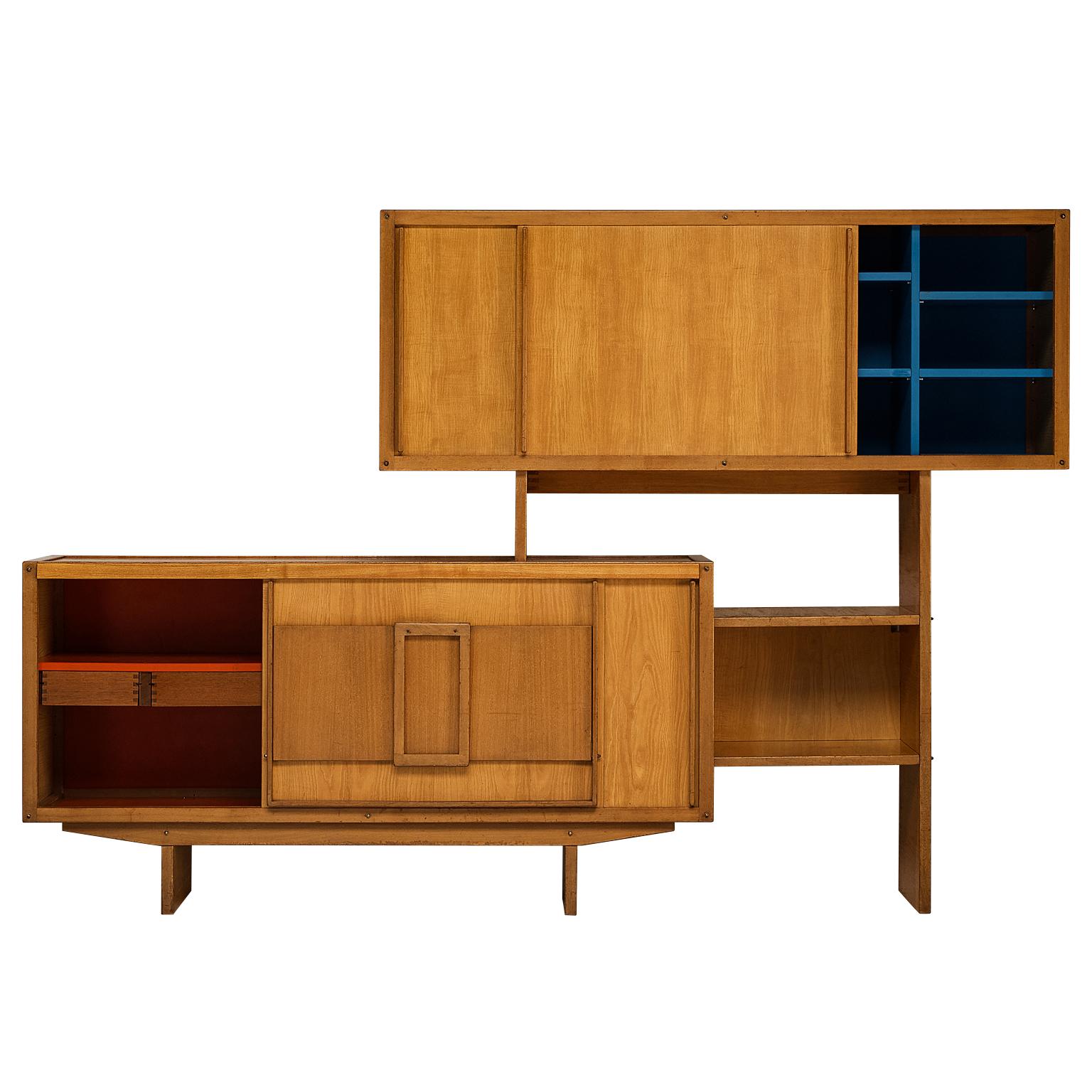 André Sornay Rare Geometric Bookcase with Sliding-Doors in Ash For Sale