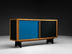 André Sornay Rare Sideboard with Double-Sliding Doors in Blue and Black