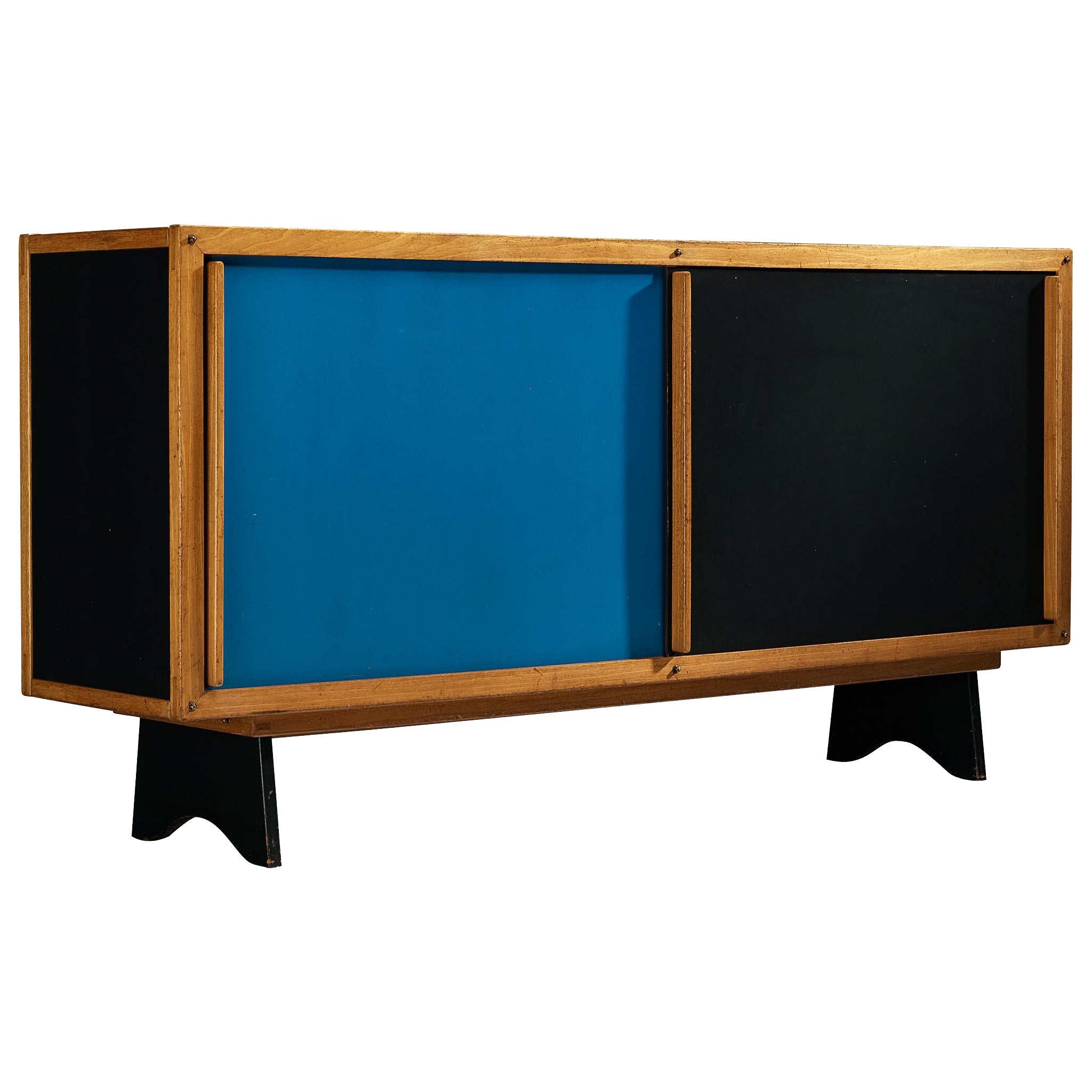 André Sornay Rare Sideboard with Double-Sliding Doors in Blue and Black