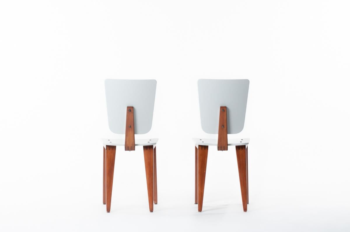 Mid-Century Modern Andre Sornay Set of 2 Chairs in Solid Wood and Grey Lacquer, 1960 For Sale