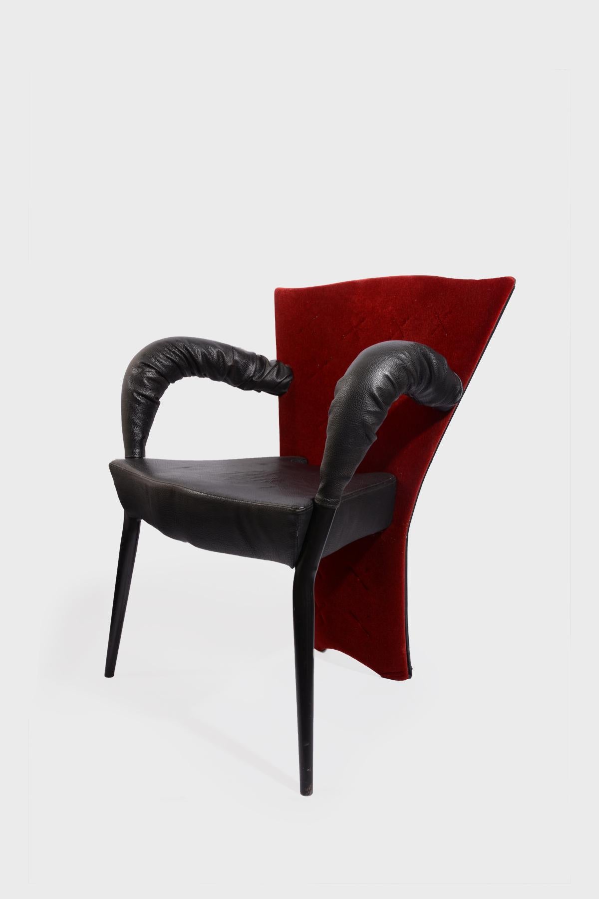 This rare and unique chair by Borek Sipek for Scarabas was designed in the style of Borek Sipek with leather ruffled arms and a velvet Back.

The life of Borek Šípek is a typical story about big world self-made men. He is often compared to a male