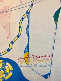 1970 Modernista Surrealismo colorato svizzero firmato Dada Litografia Andre Thomkins