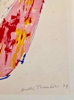Modernistischer Schweizer farbenfroher Surrealismus der 1970er Jahre, signierte Dada-Lithographie Andre Thomkins