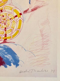 Modernistischer Schweizer farbenfroher Surrealismus der 1970er Jahre, signierte Dada-Lithographie Andre Thomkins