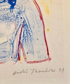 Modernistischer Schweizer farbenfroher Surrealismus der 1970er Jahre, signierte Dada-Lithographie Andre Thomkins