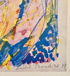 Modernistischer Schweizer farbenfroher Surrealismus der 1970er Jahre, signierte Dada-Lithographie Andre Thomkins