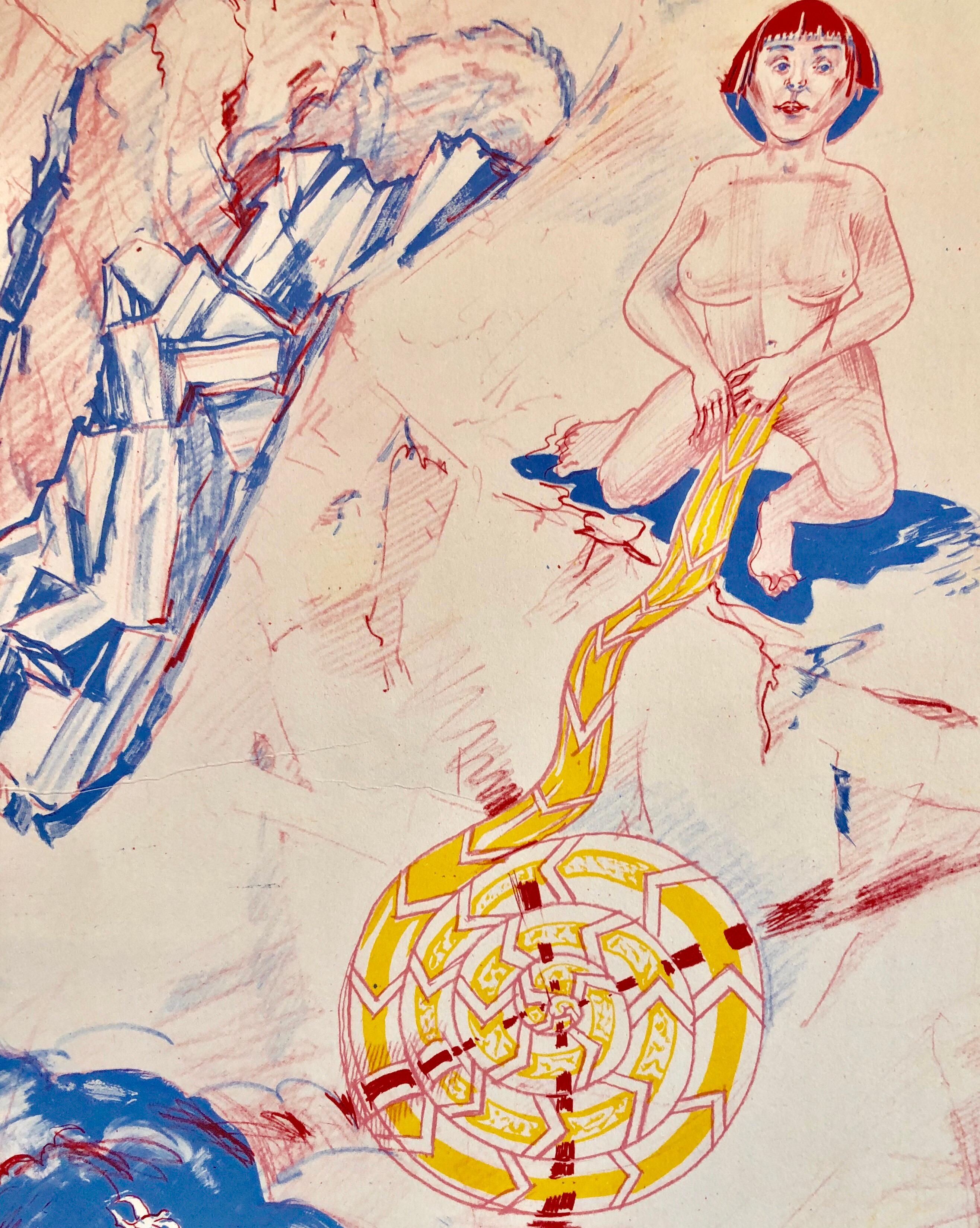 Modernistischer Schweizer farbenfroher Surrealismus der 1970er Jahre, signierte Dada-Lithographie Andre Thomkins im Angebot 1