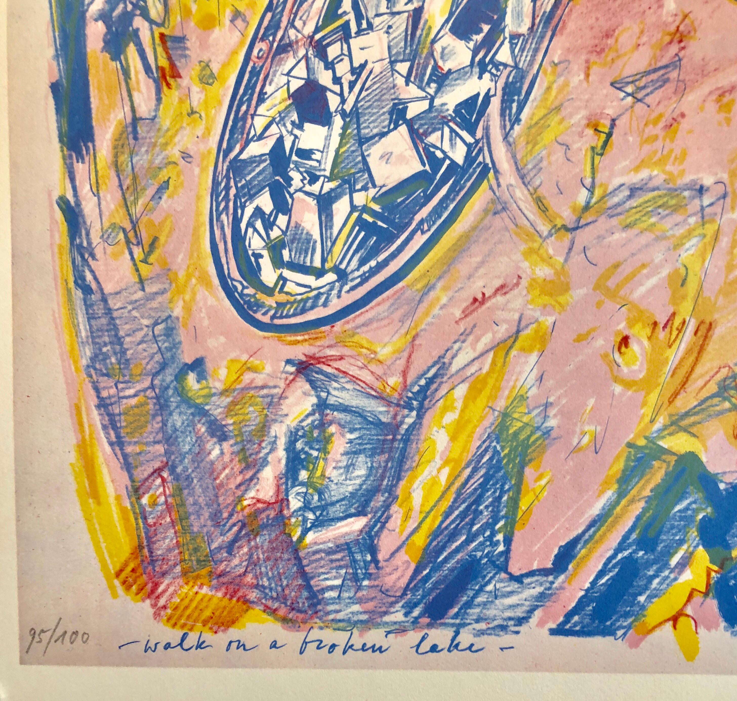 Modernistischer Schweizer farbenfroher Surrealismus der 1970er Jahre, signierte Dada-Lithographie Andre Thomkins im Angebot 1