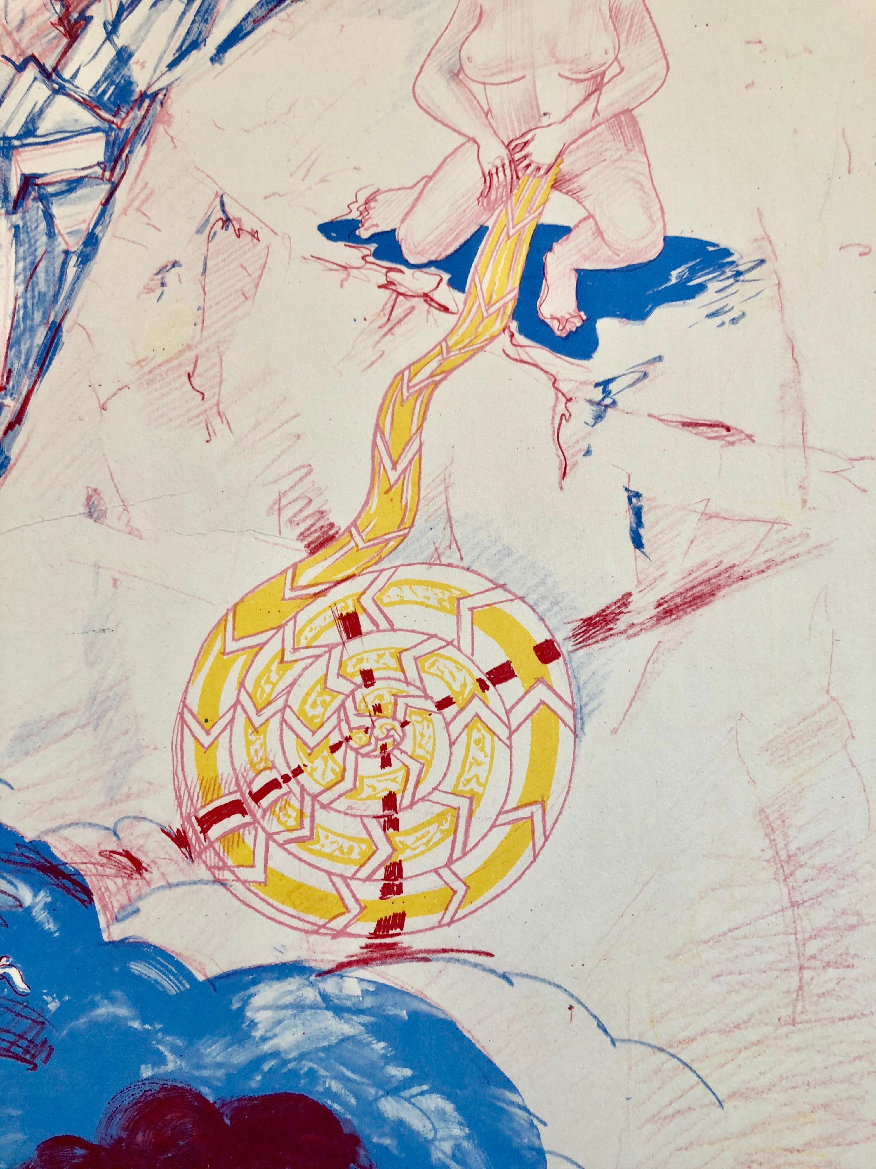 Modernistischer Schweizer farbenfroher Surrealismus der 1970er Jahre, signierte Dada-Lithographie Andre Thomkins im Angebot 2