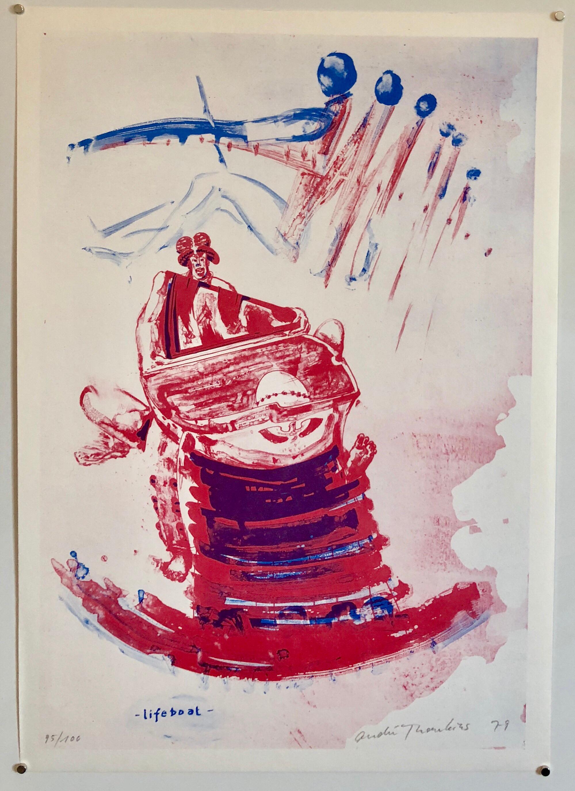 This one is titled Lifeboat and depicts a boat in red and blue with a futurist Allen Jones type figure above it. 
Published by  Edition Hansjörg Mayer, Stuttgart They published concrete poetry and art books by  Mark Boyle, Richard Hamilton, Dorothy