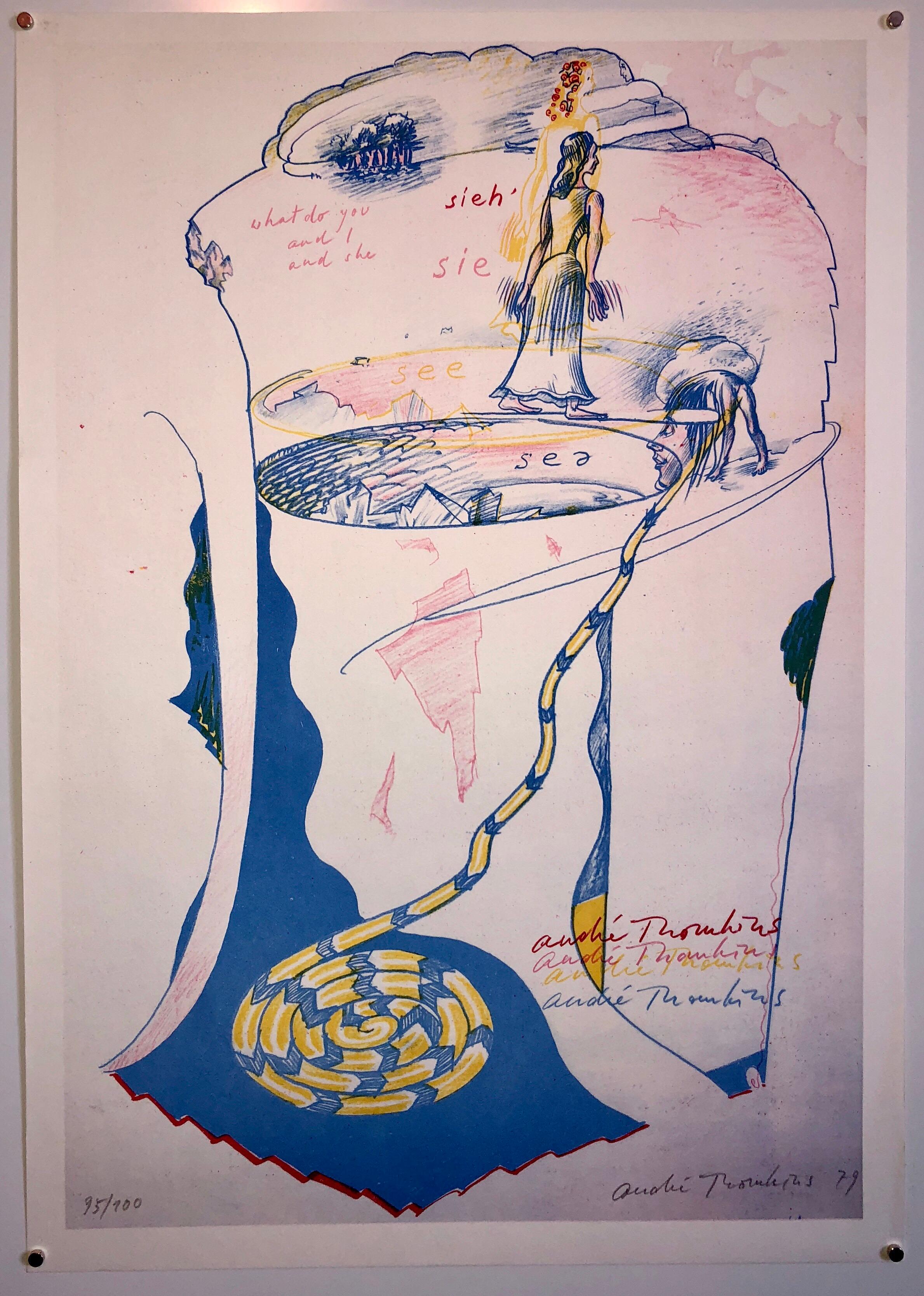 1970s Modernist Swiss Colorful Surrealism Signed Dada Lithograph Andre Thomkins - Surrealist Print by André Thomkins