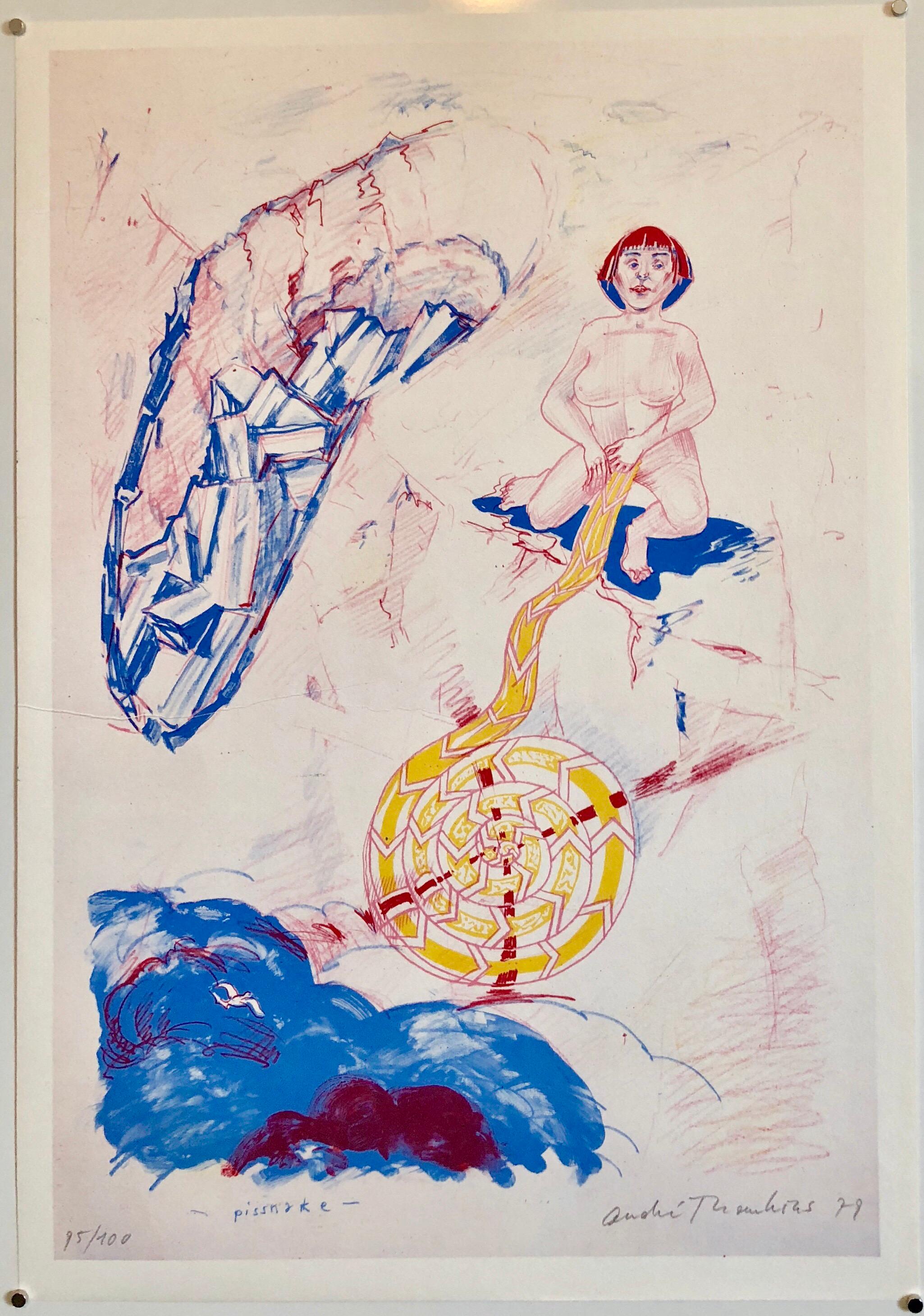 Modernistischer Schweizer farbenfroher Surrealismus der 1970er Jahre, signierte Dada-Lithographie Andre Thomkins im Angebot 4