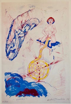 Lithographie moderniste suisse des années 1970 surréaliste colorée signée Dada André Thomkins