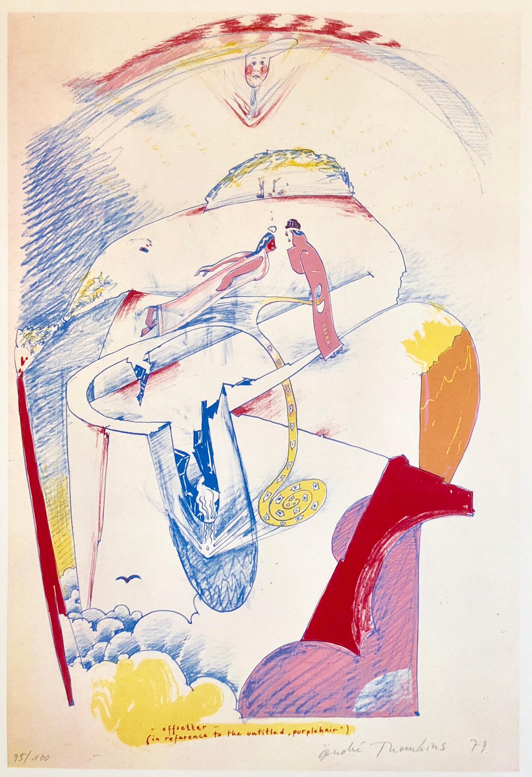 Modernistischer Schweizer farbenfroher Surrealismus der 1970er Jahre, signierte Dada-Lithographie Andre Thomkins