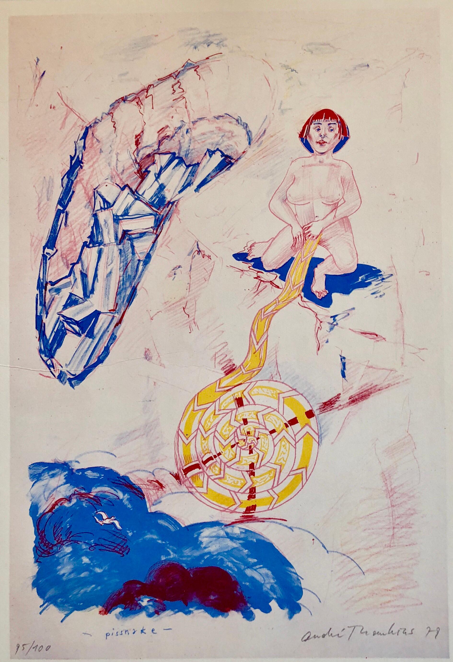 André Thomkins Abstract Print – Modernistischer Schweizer farbenfroher Surrealismus der 1970er Jahre, signierte Dada-Lithographie Andre Thomkins