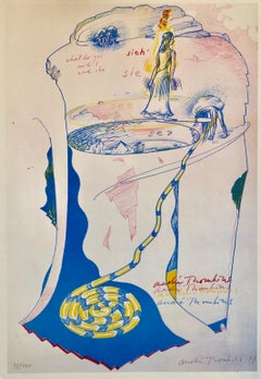 Modernistischer Schweizer farbenfroher Surrealismus der 1970er Jahre, signierte Dada-Lithographie Andre Thomkins