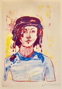 Modernistischer Schweizer farbenfroher Surrealismus der 1970er Jahre, signierte Dada-Lithographie Andre Thomkins