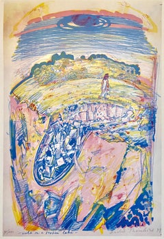 Modernistischer Schweizer farbenfroher Surrealismus der 1970er Jahre, signierte Dada-Lithographie Andre Thomkins