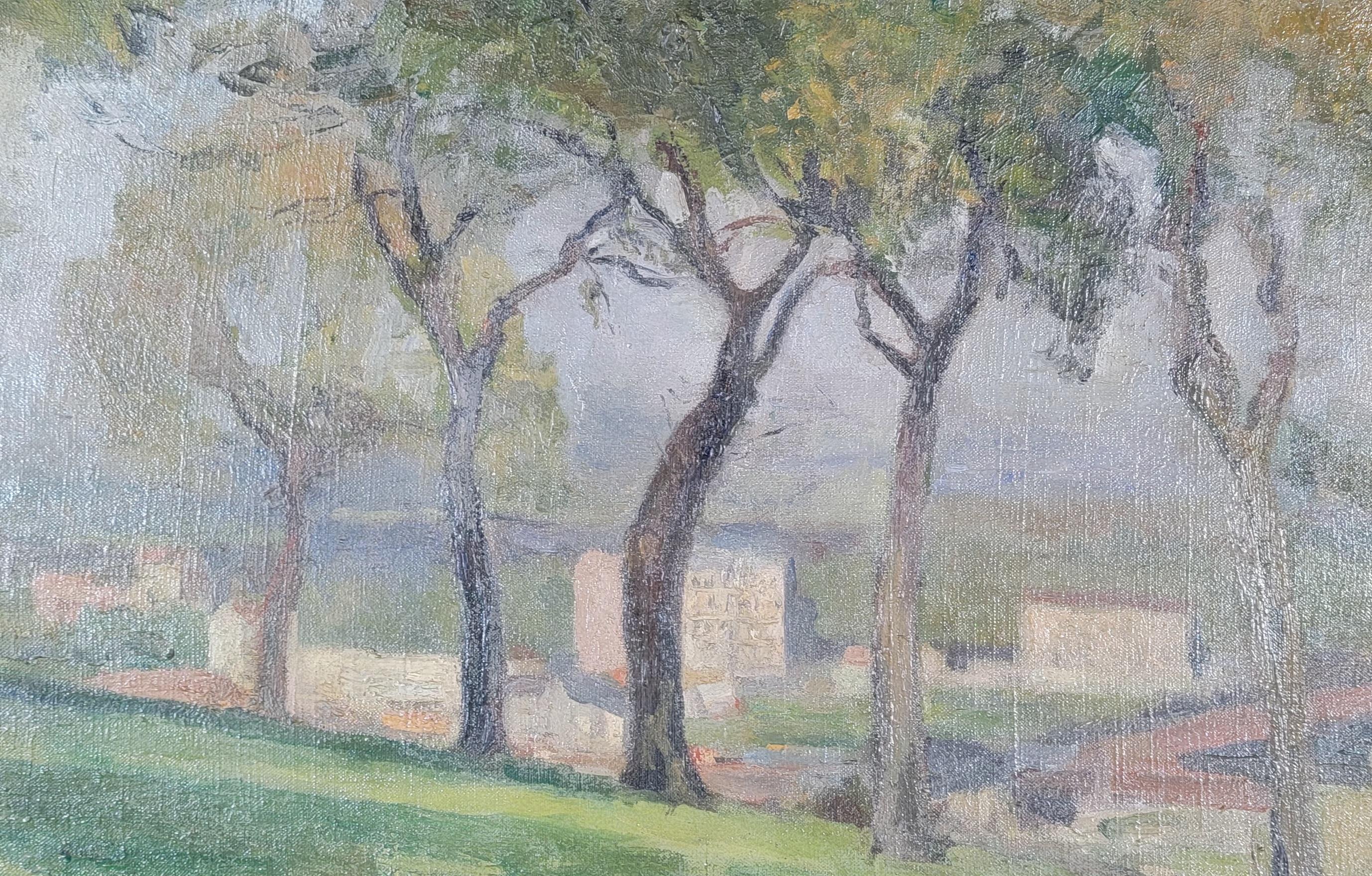 French Impressionism oil painting on canvas by French Artist Andre Albert Tondu. Township view through trees. Original painted wood frame. Accompanying photograph of Andre Tondu. Unsigned. From a collection of a half dozen Tondu paintings.