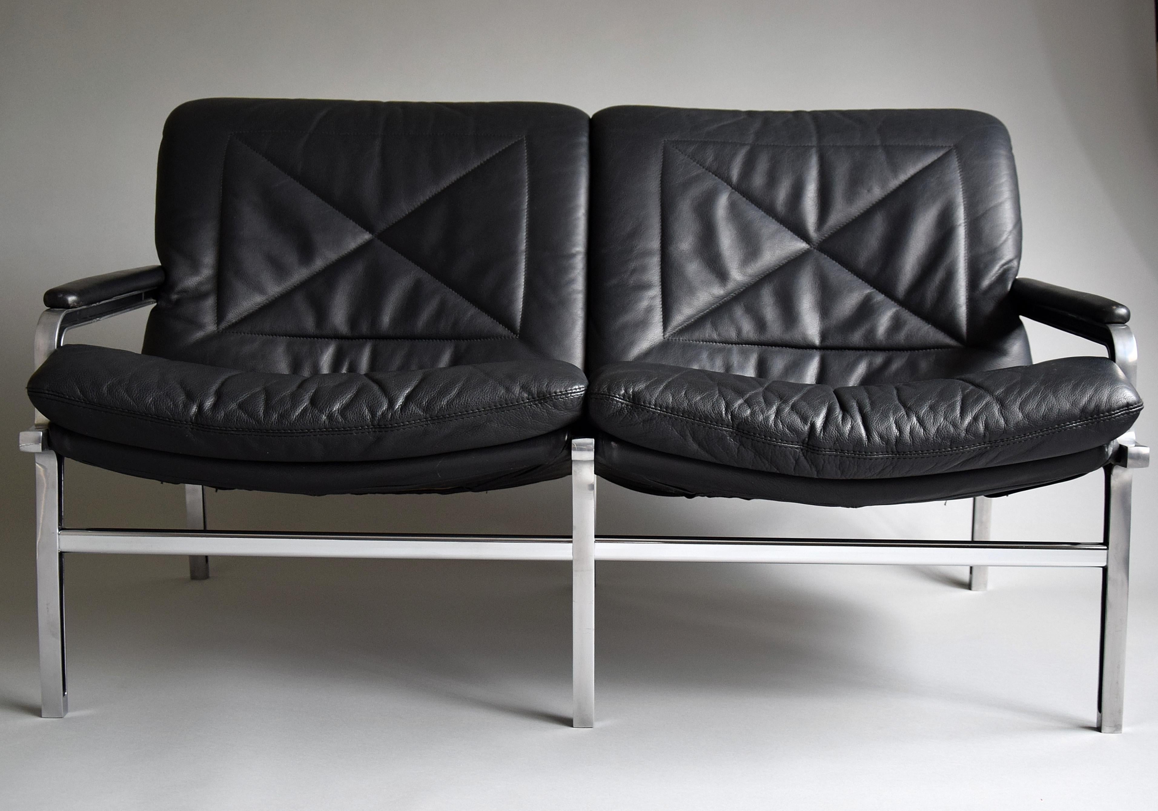 Swiss Andre Vanden Beuck Aluminium and Black Leather Sofa For Sale
