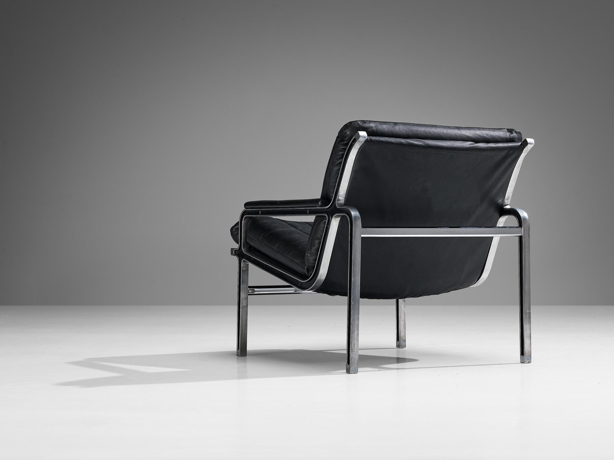 Mid-Century Modern Andre Vandenbeuck for Strässle Pair of 'Aluline' Lounge Chairs in Black Leather For Sale