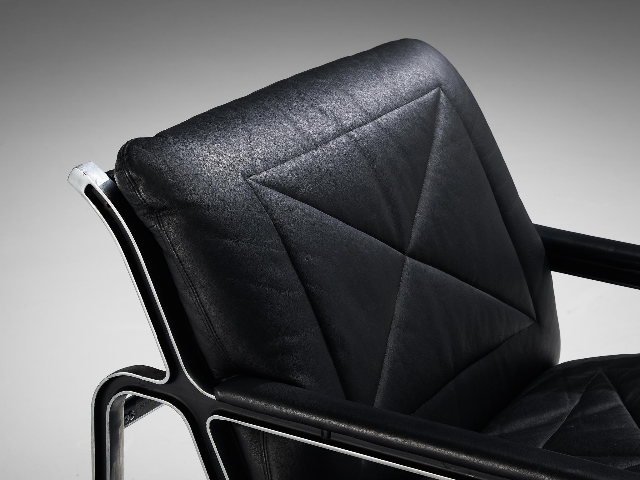 Swiss Andre Vandenbeuck for Strässle Pair of 'Aluline' Lounge Chairs in Black Leather For Sale