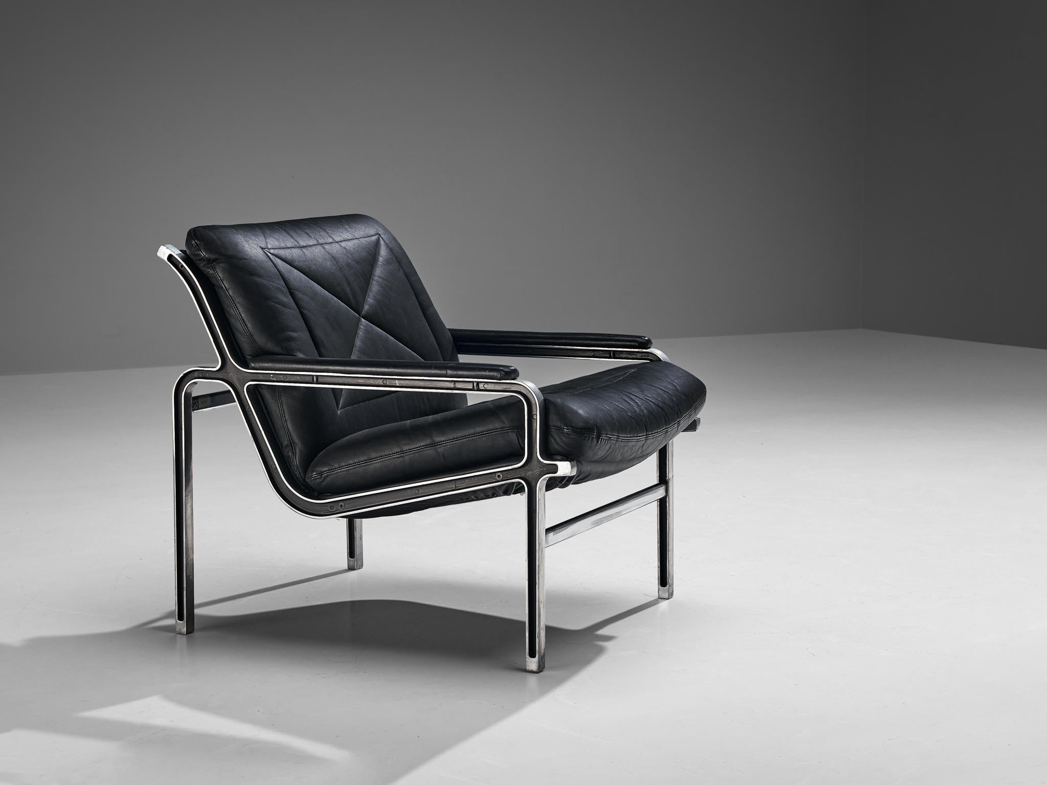 Mid-20th Century Andre Vandenbeuck for Strässle Pair of 'Aluline' Lounge Chairs in Black Leather For Sale