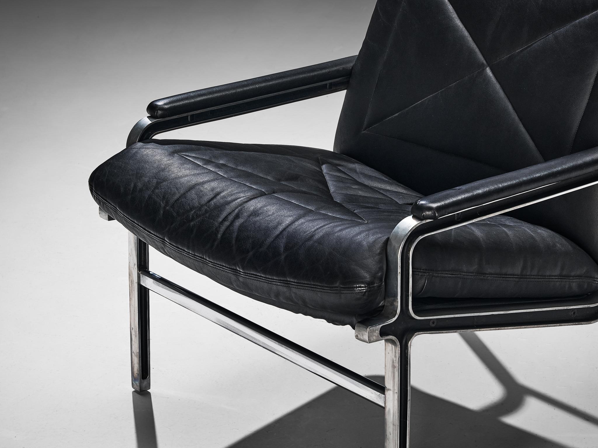 Metal Andre Vandenbeuck for Strässle Pair of 'Aluline' Lounge Chairs in Black Leather For Sale
