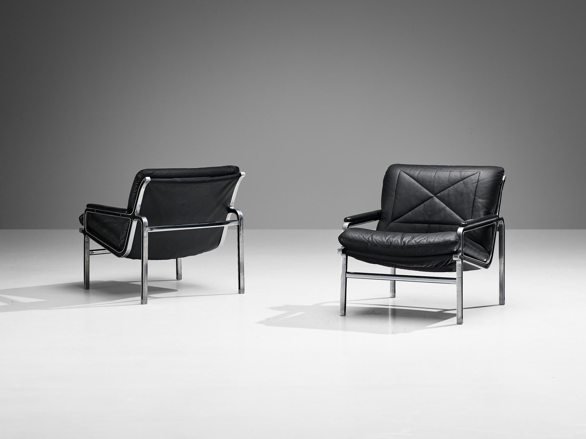 Andre Vandenbeuck for Strässle Pair of 'Aluline' Lounge Chairs in Black Leather For Sale 1