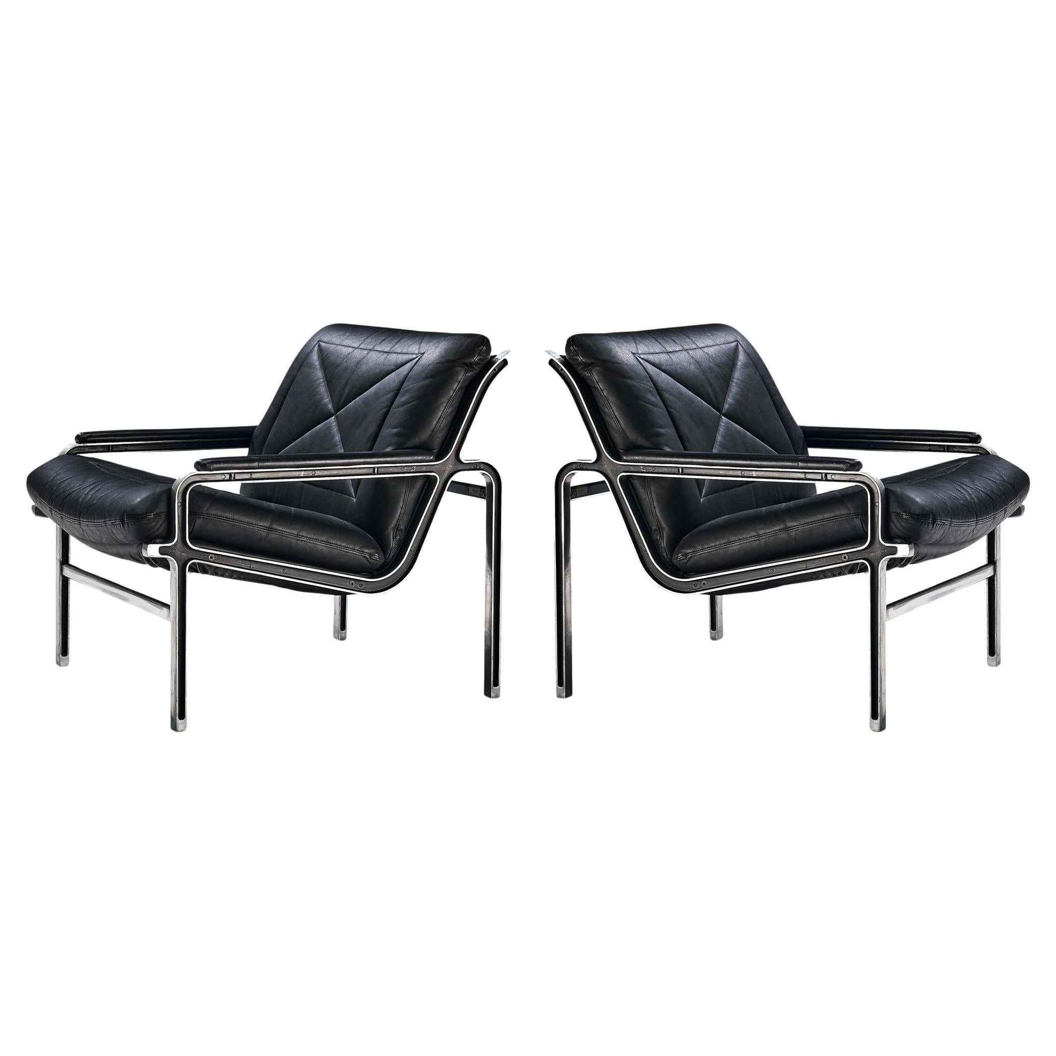 Andre Vandenbeuck for Strässle Pair of 'Aluline' Lounge Chairs in Black Leather For Sale