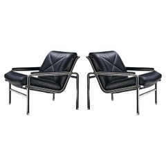 Andre Vandenbeuck for Strässle Pair of 'Aluline' Lounge Chairs in Black Leather