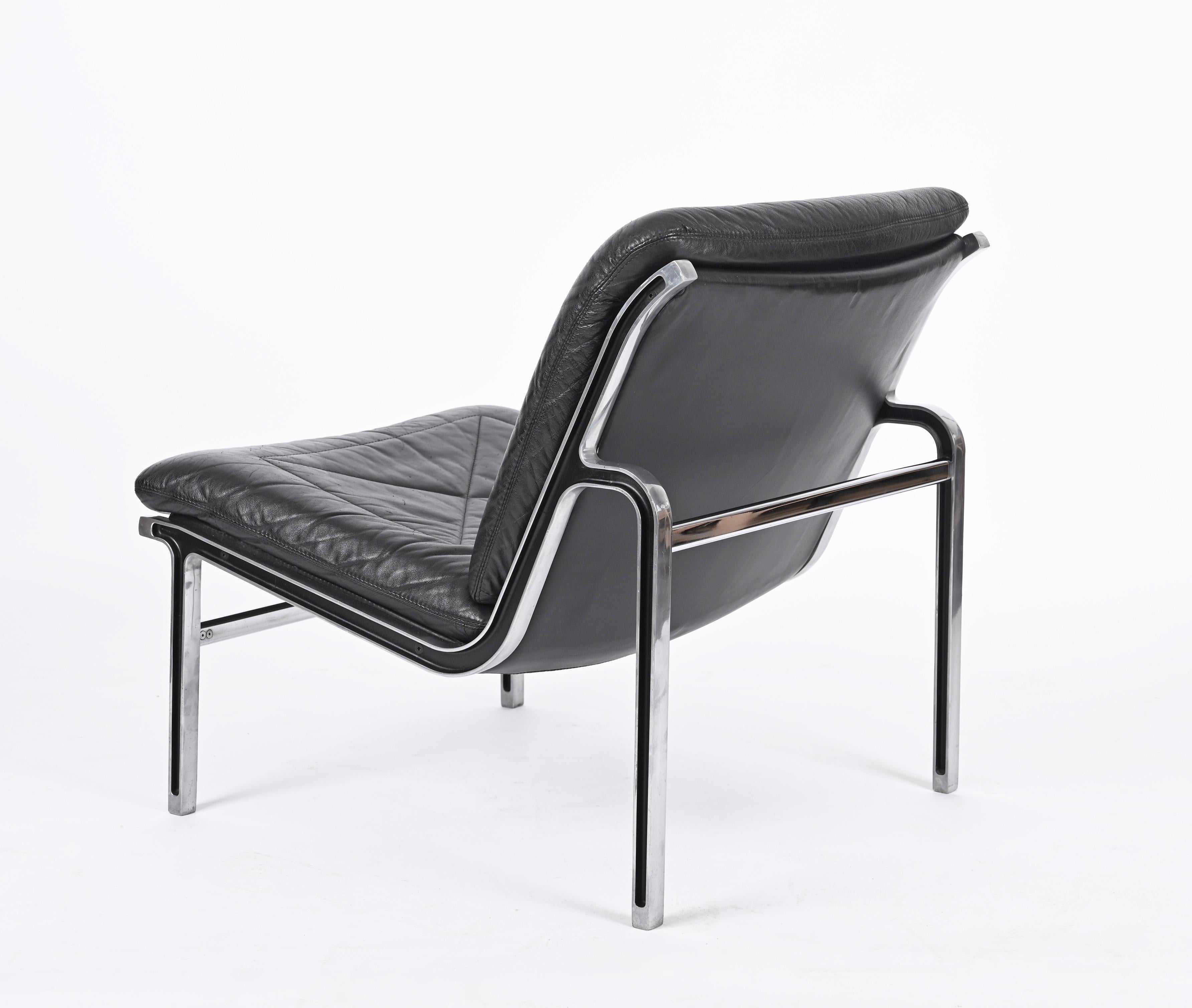 Metal Andre Vandenbeuck Pair of 'Aluline' Lounge Chairs in Black Leather, Swiss, 1960s For Sale