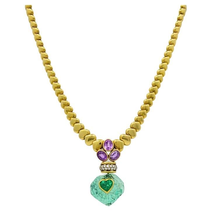André Vassort 18k Gold Colombian Emerald Heart Necklace Sapphire Diamond GIA