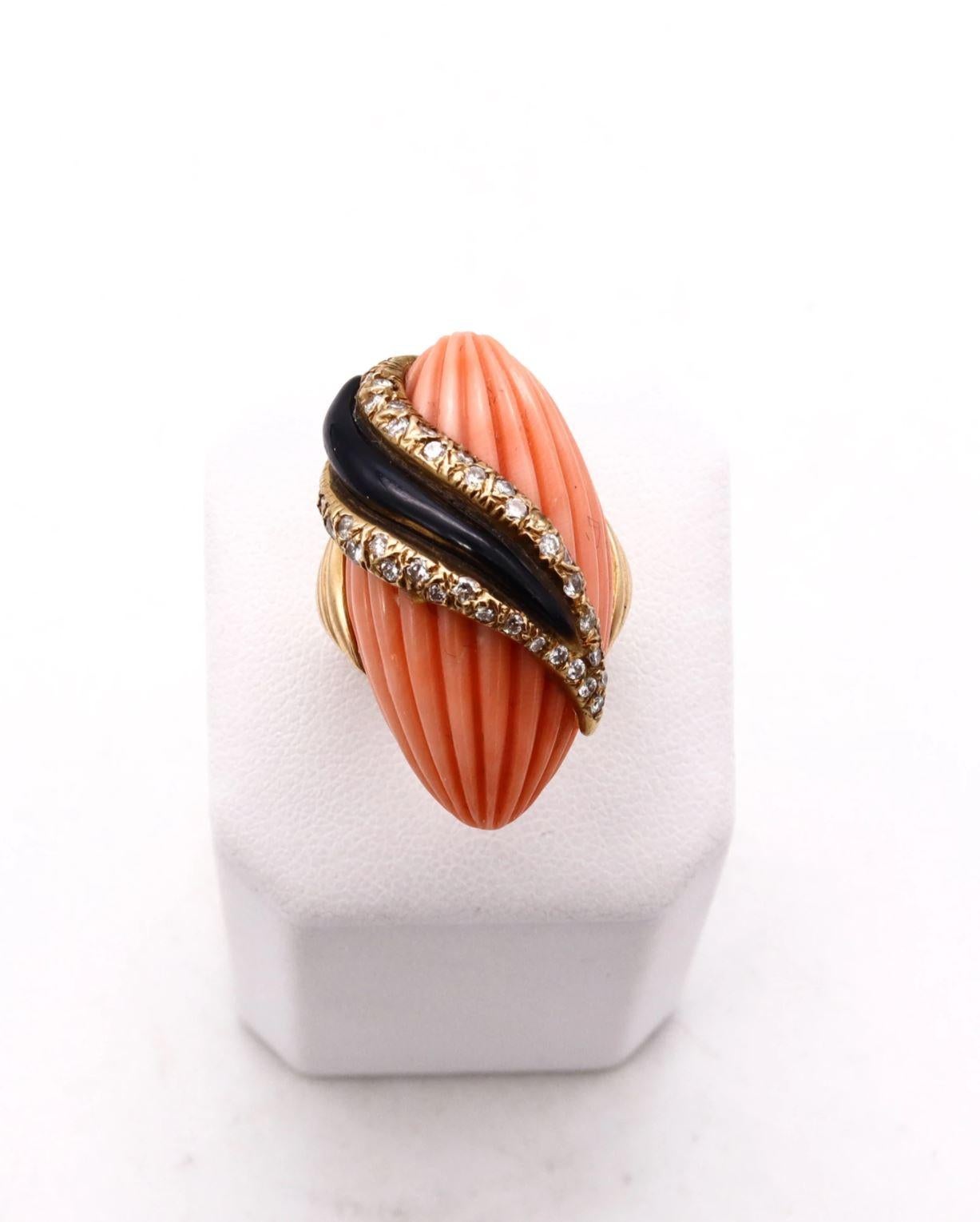 Post-War Andre Vassort 1960 France 18Kt Cocktail Ring with 1.02 Ct Diamonds Coral & Onyx For Sale
