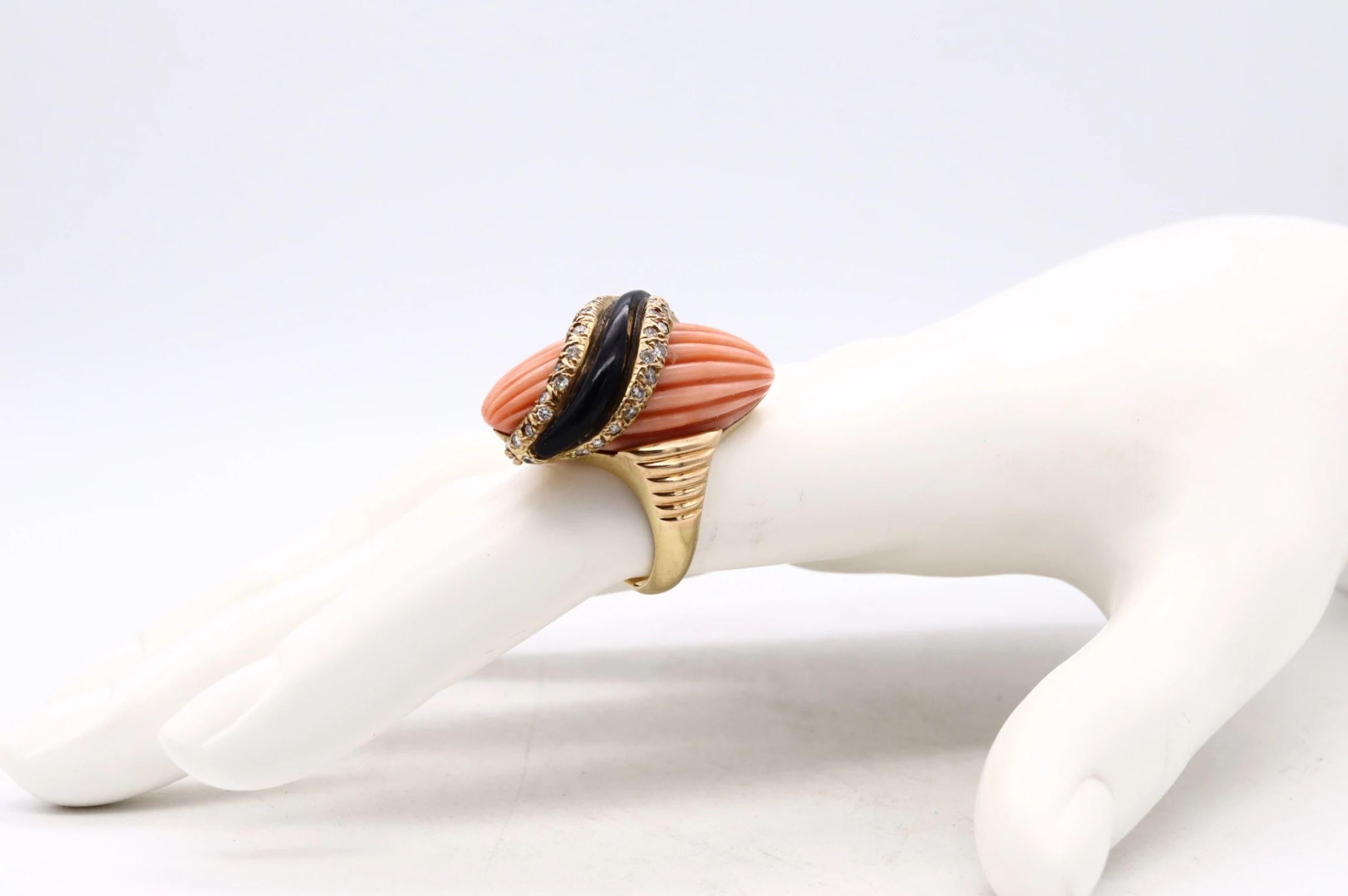 Women's Andre Vassort 1960 France 18Kt Cocktail Ring with 1.02 Ct Diamonds Coral & Onyx For Sale