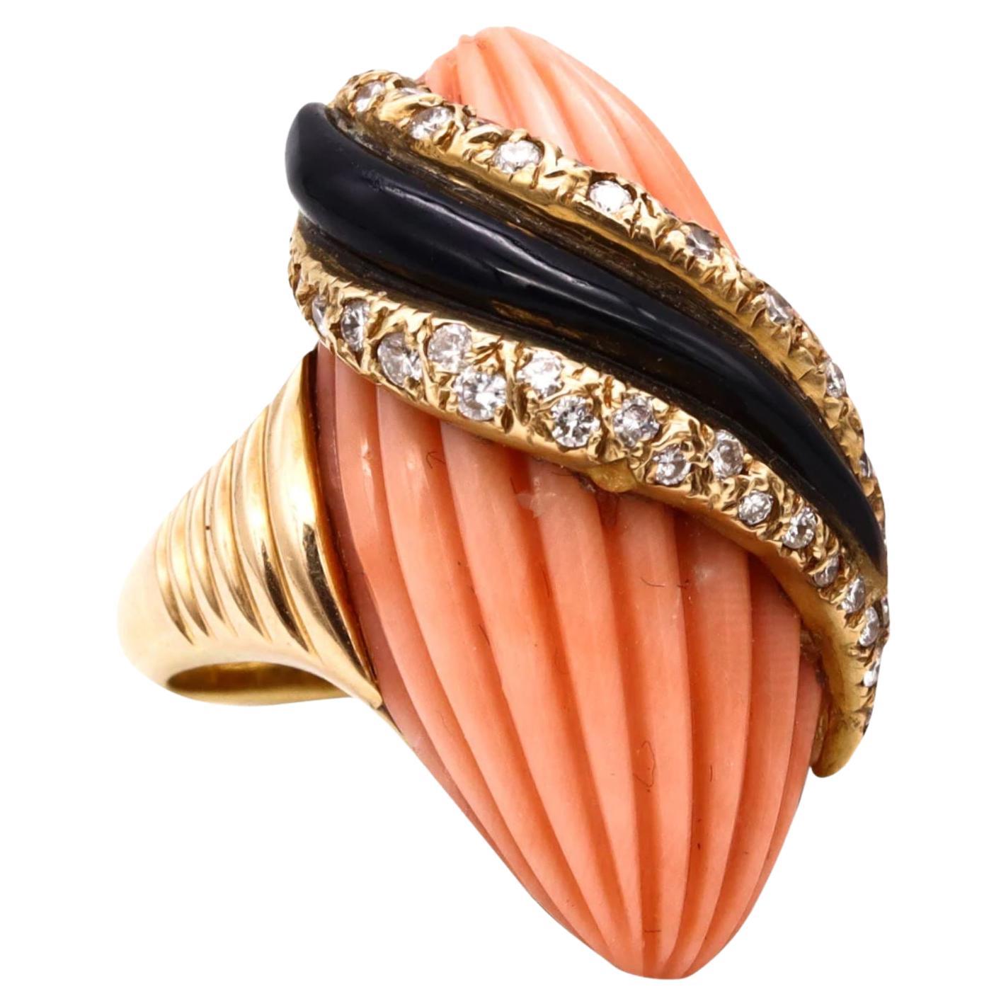 Andre Vassort 1960 France 18Kt Cocktail Ring with 1.02 Ct Diamonds Coral & Onyx For Sale