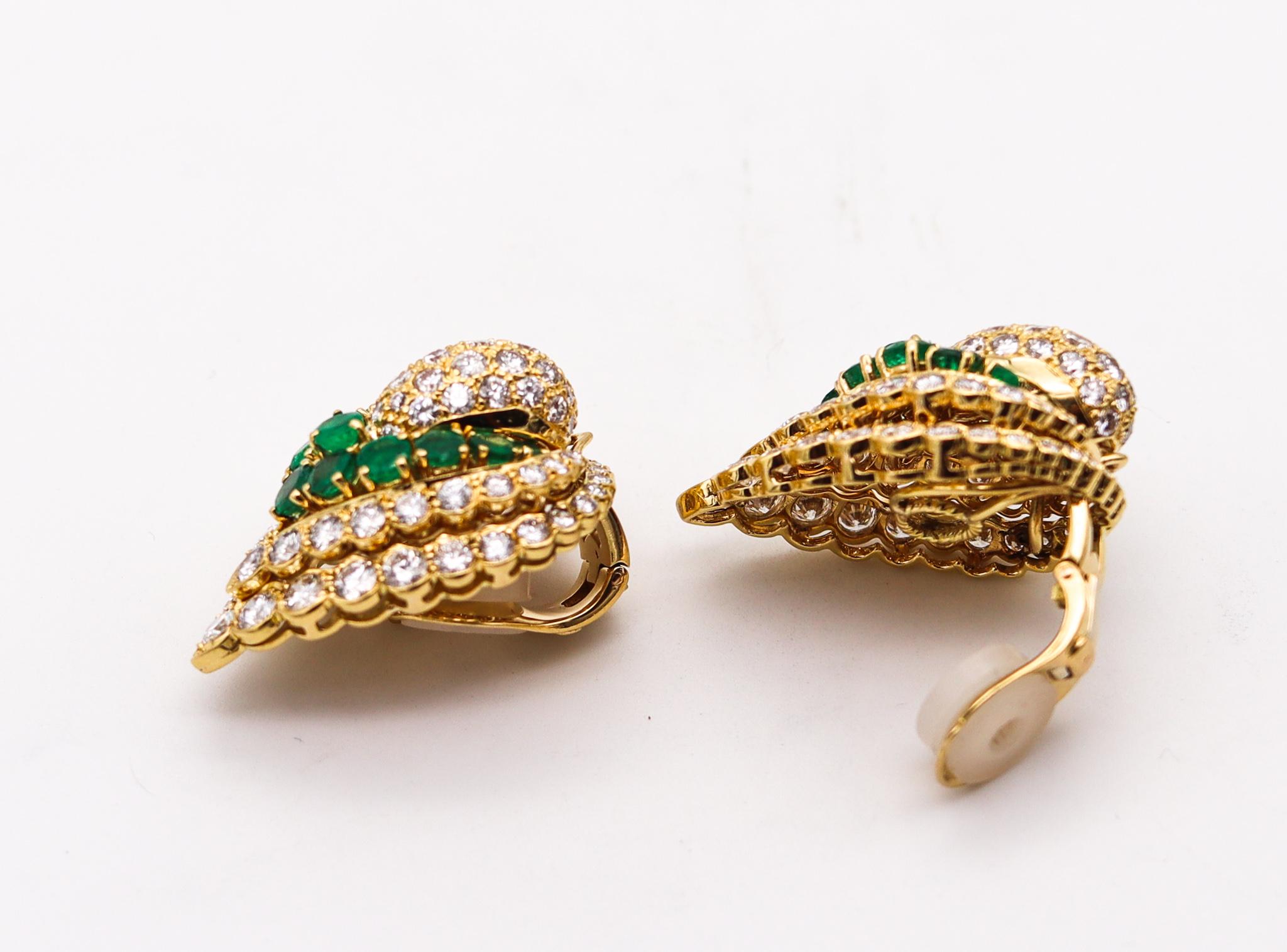 Modernist Andre Vassort 1970 Paris Gem Set Earrings 18Kt Gold 19.22 Ctw Diamond Emeralds For Sale