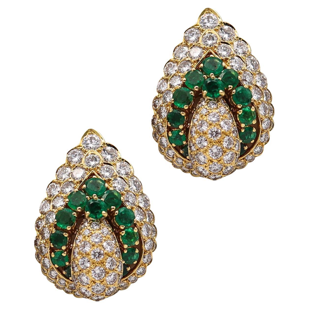 Andre Vassort 1970 Paris Gem Set Earrings 18Kt Gold 19.22 Ctw Diamond Emeralds For Sale