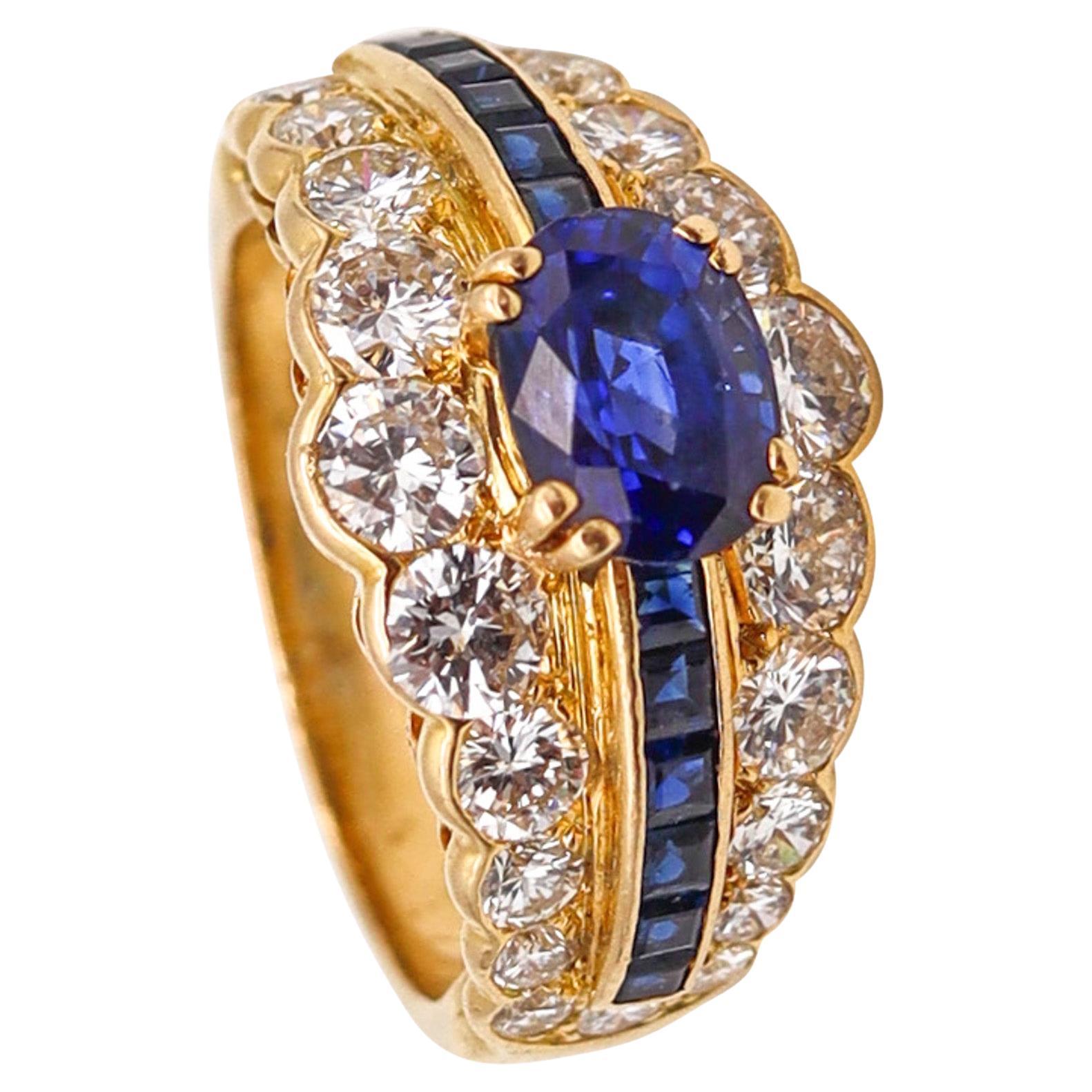 Andre Vassort 1970 Ring In 18Kt Gold With 4.86 Ctw In Diamonds And Sapphires For Sale