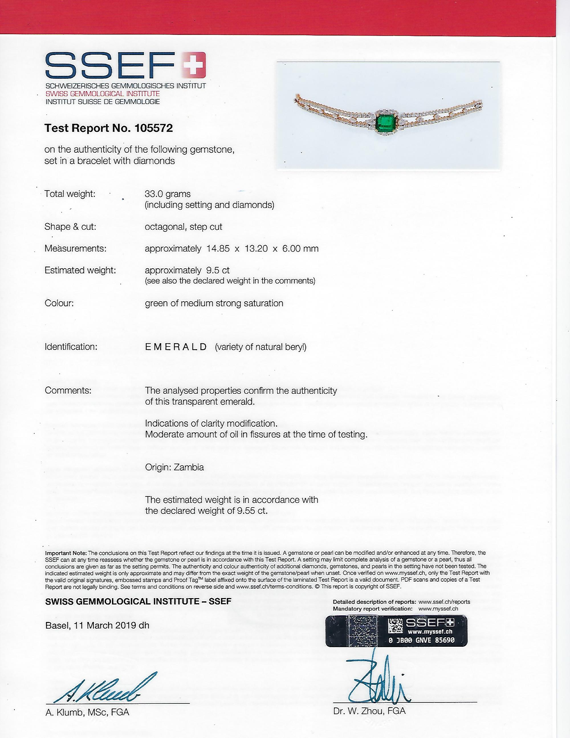 Vassort Certified 9.50 Carat Emerald Diamond Bracelet In Excellent Condition For Sale In New York, NY
