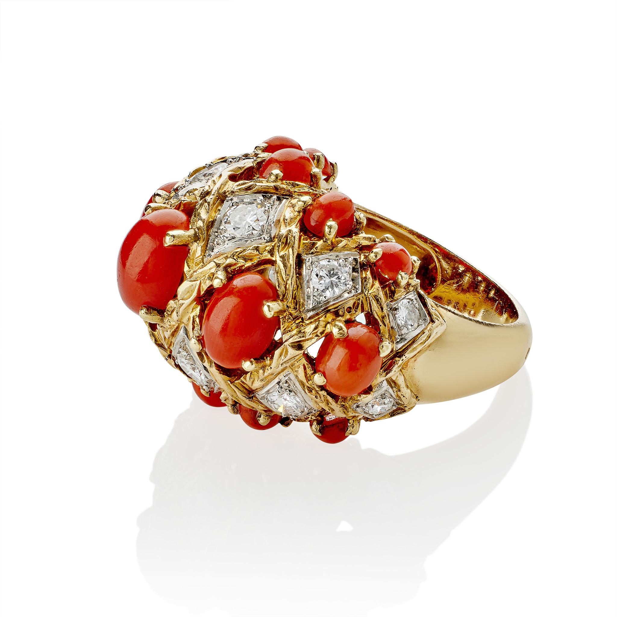 André Vassort Paris Coral and Diamond Bombé Ring In Excellent Condition For Sale In New York, NY